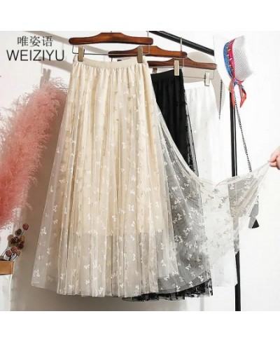 Long Tulle Skirt Women Vintage Butterfly Elastic High Waist A-Line Mesh Pleated Skirt Female Midi Skirt Faldas Jupe $38.16 - ...