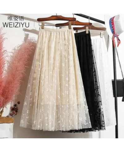 Long Tulle Skirt Women Vintage Butterfly Elastic High Waist A-Line Mesh Pleated Skirt Female Midi Skirt Faldas Jupe $38.16 - ...