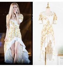 Kpop ROSE Same Style Backless Flower Printed Irregular Ruffles Dress Long Mermaid Skirt Dresses Bandage Evening Dresses $47.5...