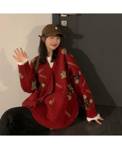 Christmas Cardigan Women Autumn Korean Fashion Thick Sweaters Bear Red Knitted Oversize Couple Vintage Winter V-neck Pullover...