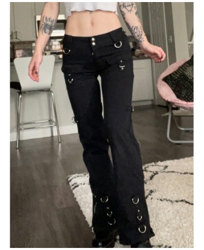 Punk Rivets Zipper Black Straight Jeans Gothic Low Waist Women Denim Trousers Aesthetic Streetwear Dark Academia Pants $58.70...