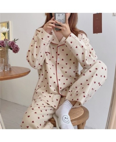 Heart Print Home Suit Loose Cotton Casual Sleepwear Korean Pajamas Set Trousers Harajuku Home Clothes Kawaii Single Breasted ...