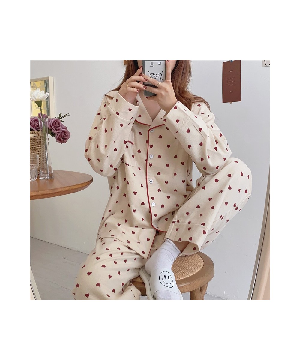 Heart Print Home Suit Loose Cotton Casual Sleepwear Korean Pajamas Set Trousers Harajuku Home Clothes Kawaii Single Breasted ...