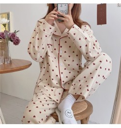 Heart Print Home Suit Loose Cotton Casual Sleepwear Korean Pajamas Set Trousers Harajuku Home Clothes Kawaii Single Breasted ...