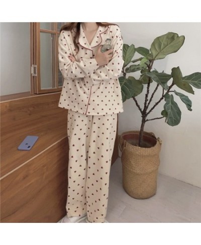 Heart Print Home Suit Loose Cotton Casual Sleepwear Korean Pajamas Set Trousers Harajuku Home Clothes Kawaii Single Breasted ...