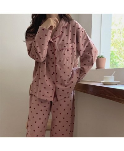 Heart Print Home Suit Loose Cotton Casual Sleepwear Korean Pajamas Set Trousers Harajuku Home Clothes Kawaii Single Breasted ...