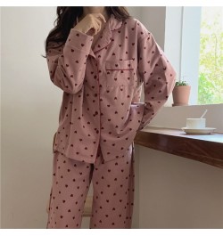 Heart Print Home Suit Loose Cotton Casual Sleepwear Korean Pajamas Set Trousers Harajuku Home Clothes Kawaii Single Breasted ...