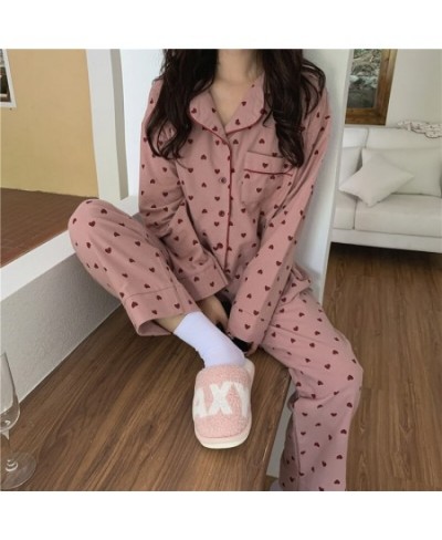 Heart Print Home Suit Loose Cotton Casual Sleepwear Korean Pajamas Set Trousers Harajuku Home Clothes Kawaii Single Breasted ...