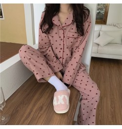 Heart Print Home Suit Loose Cotton Casual Sleepwear Korean Pajamas Set Trousers Harajuku Home Clothes Kawaii Single Breasted ...