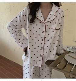 Heart Print Home Suit Loose Cotton Casual Sleepwear Korean Pajamas Set Trousers Harajuku Home Clothes Kawaii Single Breasted ...