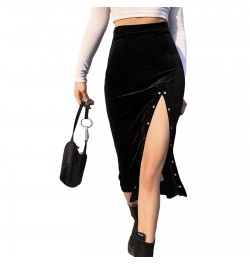 High Waist Split Skirt 2023 New Style Sexy Slim Metal Decorative Velvet Skirt Women Fashion Solid Color Mid-length Skirts $31...