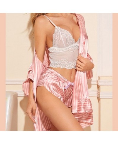 3PCS Sexy Nightwear Satin Lace Pajamas Set Women Silk Sleepwear Sleep Suit Spring Autumn Pyjamas Sleep Tops Shorts Robe Sets ...