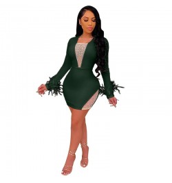 2023 Summer Women's Mesh Drilling Mosaic Feather Decoration Bodycon Party Dresse Plus Size Female Night Club Tight Mujer $44....