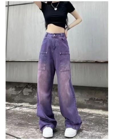 Purple Baggy Jeans Women Boyfriend Style High Waist Gradient Color Washed Y2k Cargo Pants Mopping Straight Denim Trousers $54...