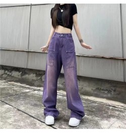 Purple Baggy Jeans Women Boyfriend Style High Waist Gradient Color Washed Y2k Cargo Pants Mopping Straight Denim Trousers $54...