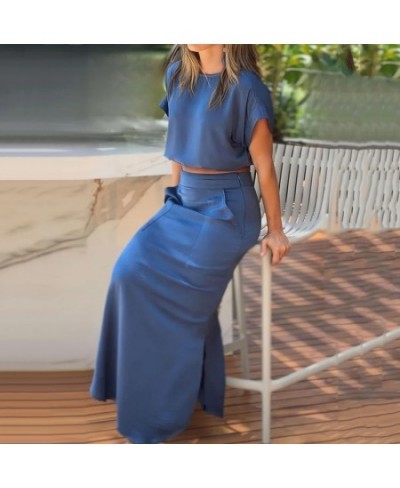 Women Two Piece Set Fashion Solid Short Sleeve Crew Neck Top Casual High Waist With Pockets Skirt Sets High Streetwear $38.03...