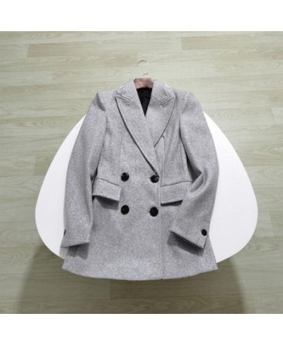 Autumn Winter Woman Grey Double-breasted Blazer Long Sleeve Casual Woolen Suit Jacket Commute Solid Color Outerwear $93.17 - ...