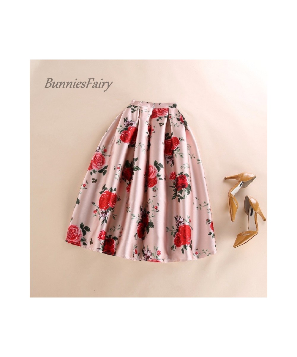 2023 Spring Summer Sweet Princess Ladies Pink Retro Rose Flower Print High Waist Long Midi Skirt Free Ship $37.28 - Skirts