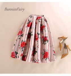 2023 Spring Summer Sweet Princess Ladies Pink Retro Rose Flower Print High Waist Long Midi Skirt Free Ship $37.28 - Skirts