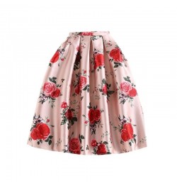 2023 Spring Summer Sweet Princess Ladies Pink Retro Rose Flower Print High Waist Long Midi Skirt Free Ship $37.28 - Skirts