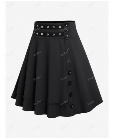 Plus Size Black Grommets Buttoned Skirt Women's High Rise Pull On Binding Trim Skirts Size Too Large Casual Bottom 4XL $38.61...