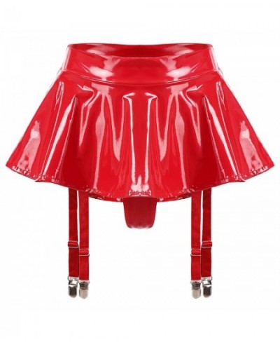 Sexy Womens Shorts Miniskirt Wet Look Clubwear Glossy Patent Leather Ruffle Mini Skirt Built-in Thongs Garter Belts Metal Cli...