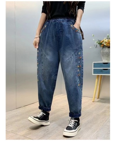 Spring Trendy Women's Vintage Flower Embroidery Cute Jeans Female Elastic Waist Harem Denim Pants Loose Casual Versatile $55....