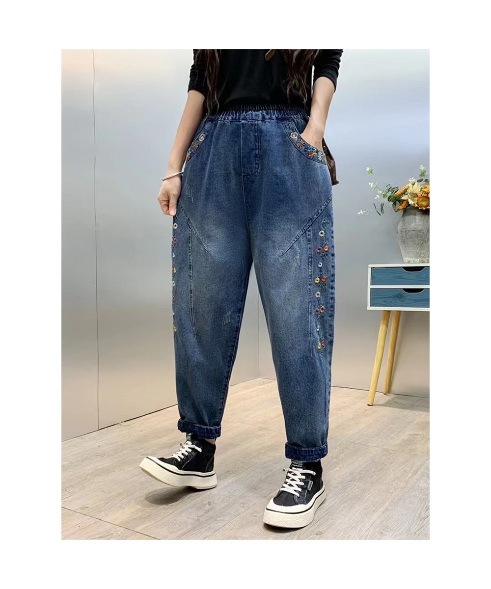 Spring Trendy Women's Vintage Flower Embroidery Cute Jeans Female Elastic Waist Harem Denim Pants Loose Casual Versatile $55....