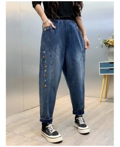 Spring Trendy Women's Vintage Flower Embroidery Cute Jeans Female Elastic Waist Harem Denim Pants Loose Casual Versatile $55....