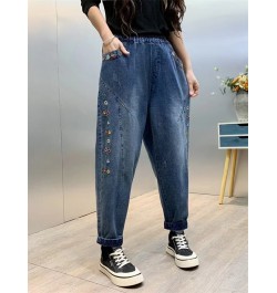 Spring Trendy Women's Vintage Flower Embroidery Cute Jeans Female Elastic Waist Harem Denim Pants Loose Casual Versatile $55....