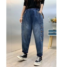 Spring Trendy Women's Vintage Flower Embroidery Cute Jeans Female Elastic Waist Harem Denim Pants Loose Casual Versatile $55....