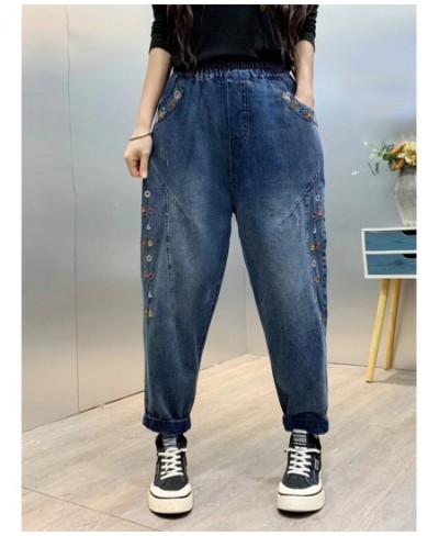 Spring Trendy Women's Vintage Flower Embroidery Cute Jeans Female Elastic Waist Harem Denim Pants Loose Casual Versatile $55....