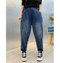 Spring Trendy Women's Vintage Flower Embroidery Cute Jeans Female Elastic Waist Harem Denim Pants Loose Casual Versatile $55....