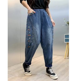 Spring Trendy Women's Vintage Flower Embroidery Cute Jeans Female Elastic Waist Harem Denim Pants Loose Casual Versatile $55....