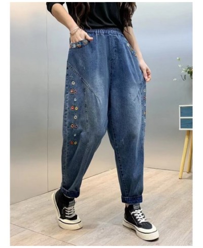 Spring Trendy Women's Vintage Flower Embroidery Cute Jeans Female Elastic Waist Harem Denim Pants Loose Casual Versatile $55....