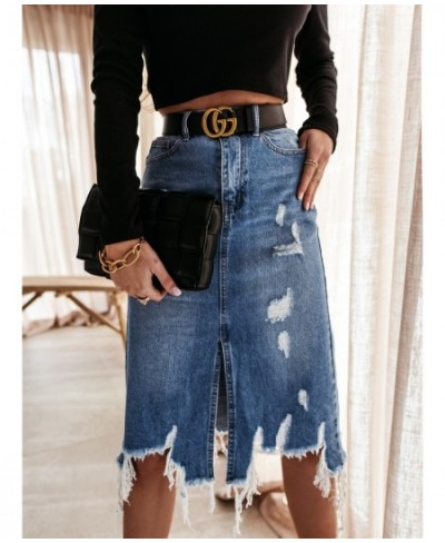 Knee Length Denim Skirt 2022 Fall Casual Pocket High Waist Straight Denim Skirt Washed Irregular Distressed Denim Mid Skirt $...