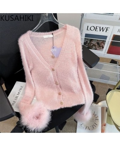 Autumn New Knitted Cardigan Women Sexy Slim Sweater Coat 2023 Fashion Fur Patchwork Long Sleeve V-neck Knitwear Tops $41.00 -...