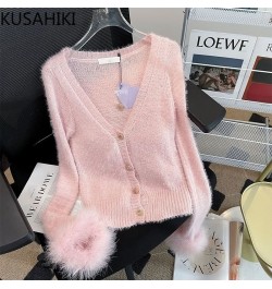 Autumn New Knitted Cardigan Women Sexy Slim Sweater Coat 2023 Fashion Fur Patchwork Long Sleeve V-neck Knitwear Tops $41.00 -...