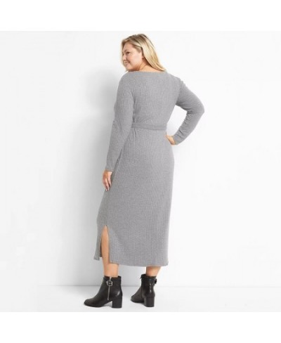 Plus Size Long Sleeve Elegant Autumn Ribbed Knit Midi Dress Women Tie Waist Long Casual Dress Large Size Straight Dress 5XL 6...