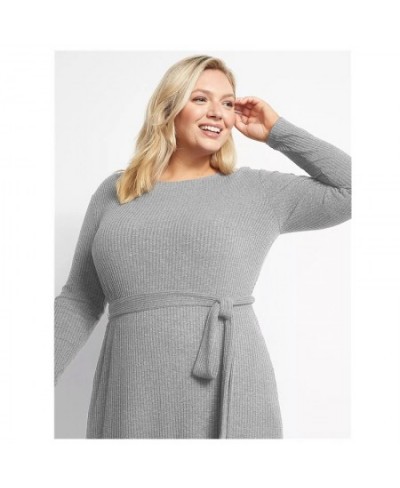 Plus Size Long Sleeve Elegant Autumn Ribbed Knit Midi Dress Women Tie Waist Long Casual Dress Large Size Straight Dress 5XL 6...