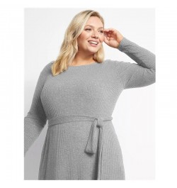 Plus Size Long Sleeve Elegant Autumn Ribbed Knit Midi Dress Women Tie Waist Long Casual Dress Large Size Straight Dress 5XL 6...