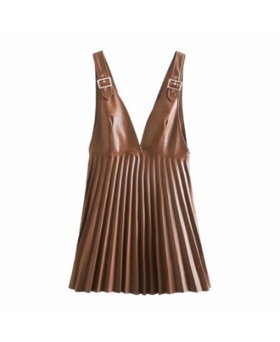 2021Women PU Leather Pleated Dress Mini Bodycon Sleeveless Dress Suspender Buckle Fashion Sundress Streetwear $107.95 - Skirts