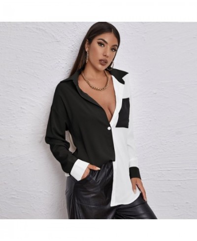 Spring 2022 Women's All-match Temperament Women's Long-sleeved Tops Contrast Color Stitching Tops Pocket Long-sleeved Shirts ...