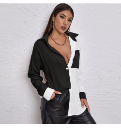 Spring 2022 Women's All-match Temperament Women's Long-sleeved Tops Contrast Color Stitching Tops Pocket Long-sleeved Shirts ...