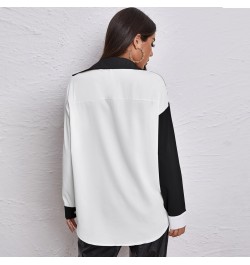 Spring 2022 Women's All-match Temperament Women's Long-sleeved Tops Contrast Color Stitching Tops Pocket Long-sleeved Shirts ...