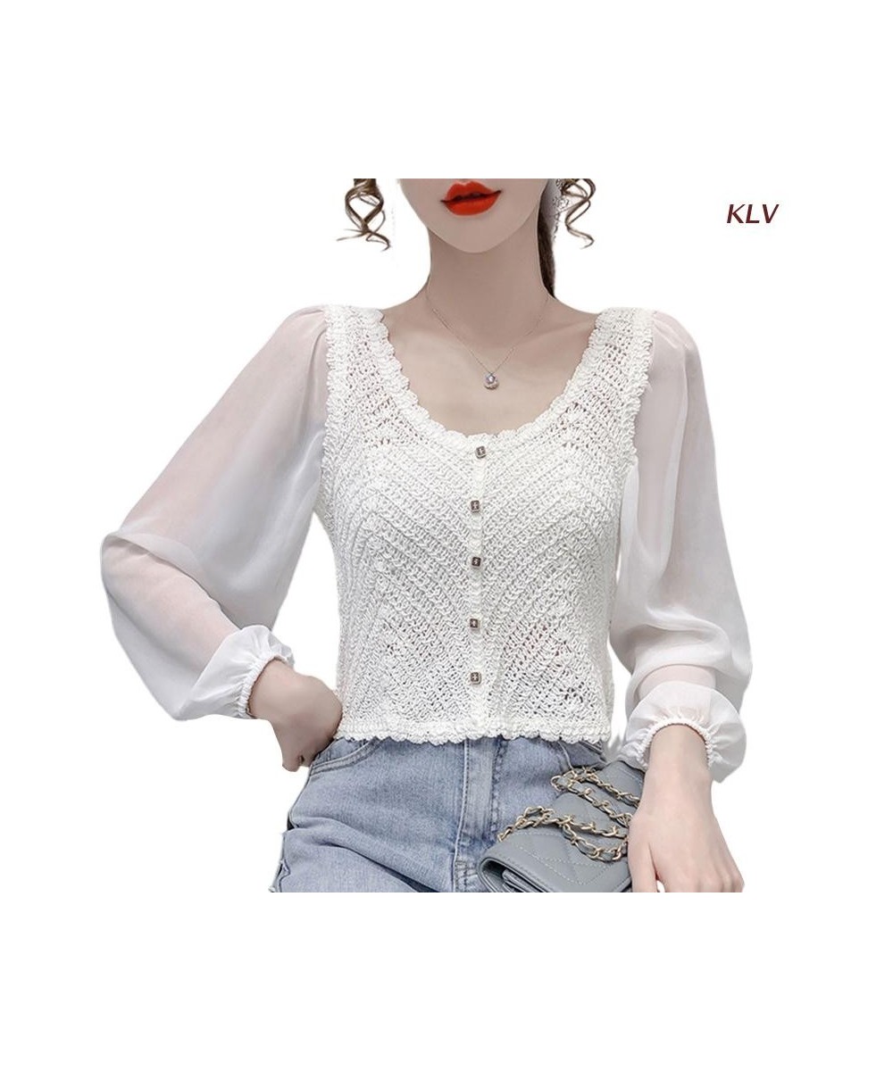 Women Chiffon Puff Long Sleeve Crop Cardigan Round Neck Button Crochet Blouse 6XDA $24.88 - Women Tops