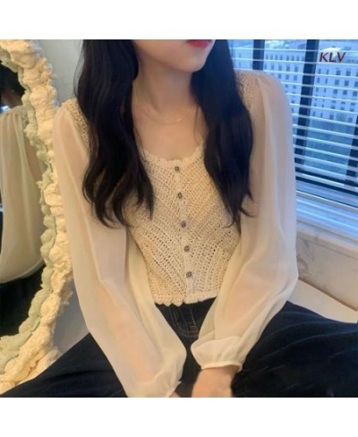 Women Chiffon Puff Long Sleeve Crop Cardigan Round Neck Button Crochet Blouse 6XDA $24.88 - Women Tops