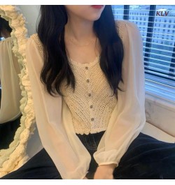 Women Chiffon Puff Long Sleeve Crop Cardigan Round Neck Button Crochet Blouse 6XDA $24.88 - Women Tops