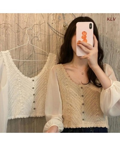 Women Chiffon Puff Long Sleeve Crop Cardigan Round Neck Button Crochet Blouse 6XDA $24.88 - Women Tops