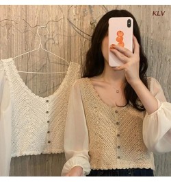 Women Chiffon Puff Long Sleeve Crop Cardigan Round Neck Button Crochet Blouse 6XDA $24.88 - Women Tops